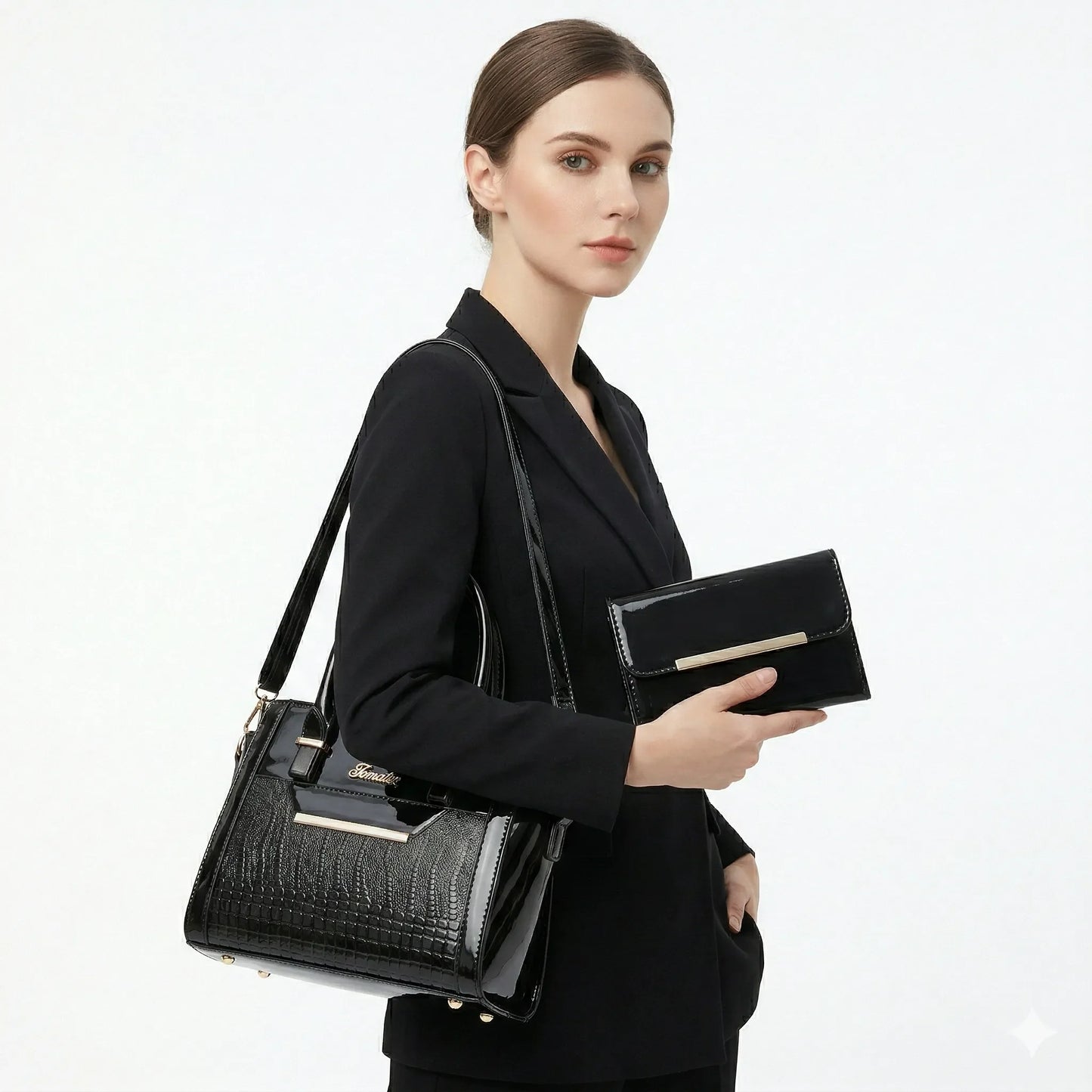 Handbag and Wallet Set in Genuine Leather - Croc
