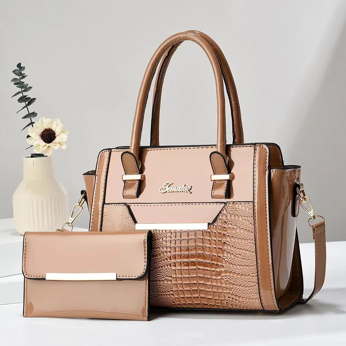 Handbag and Wallet Set in Genuine Leather - Croc